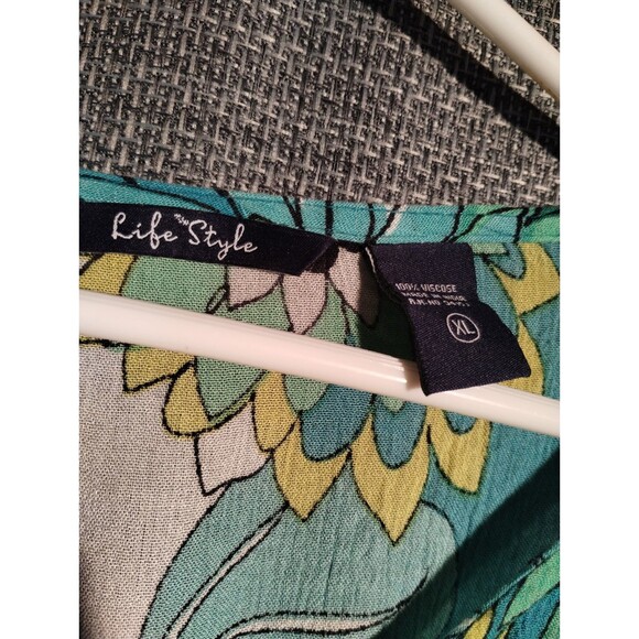 "Women's Floral Print 3/4 Sleeve Top – Teal and Yellow Boho Blouse" - Picture 3 of 5